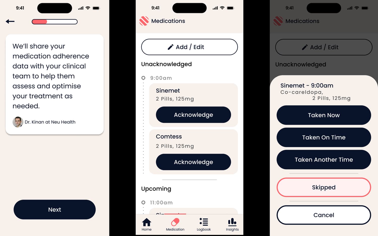 Kneu Health medications app screens